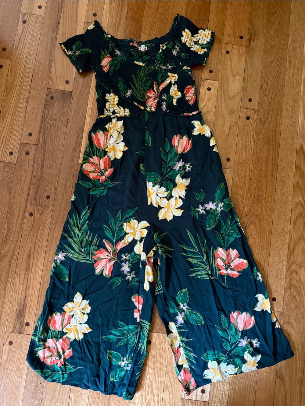 Patrons of Peace Tropical Floral Smocked Wide Leg Jumpsuit Dark Green Small